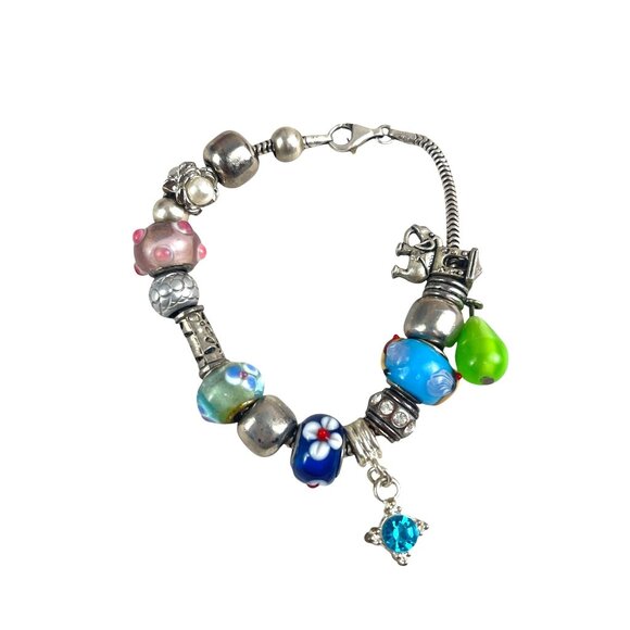 Sterling Silver Italian Chain Charm Bracelet Colorful Glass Beads Elephant Star - Picture 2 of 8